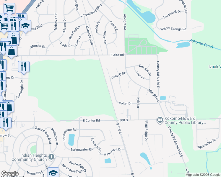 map of restaurants, bars, coffee shops, grocery stores, and more near 4031 Colter Dr in Kokomo