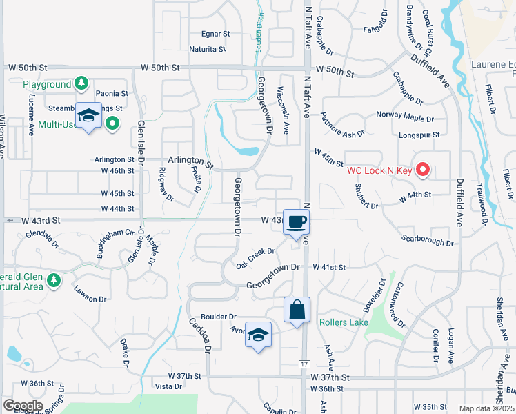 map of restaurants, bars, coffee shops, grocery stores, and more near 4320 Georgetown Drive in Loveland