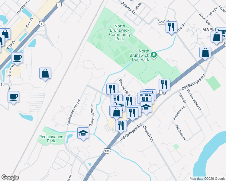 map of restaurants, bars, coffee shops, grocery stores, and more near 116 Salem Road in North Brunswick Township