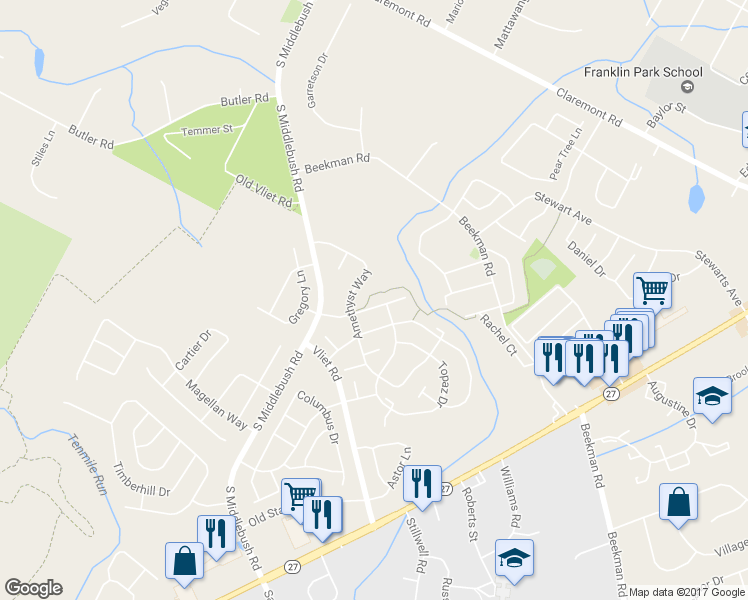 map of restaurants, bars, coffee shops, grocery stores, and more near 83 Edward Drive in Franklin Township