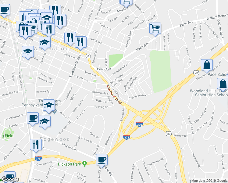 map of restaurants, bars, coffee shops, grocery stores, and more near 600 Pennsylvania 8 in Pittsburgh