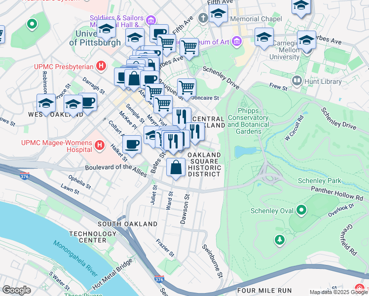 map of restaurants, bars, coffee shops, grocery stores, and more near 434 Atwood Street in Pittsburgh