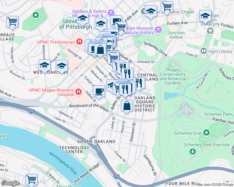 map of restaurants, bars, coffee shops, grocery stores, and more near in Pittsburgh