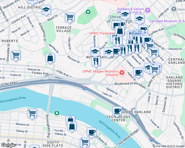 map of restaurants, bars, coffee shops, grocery stores, and more near 2543 Beelen Street in Pittsburgh