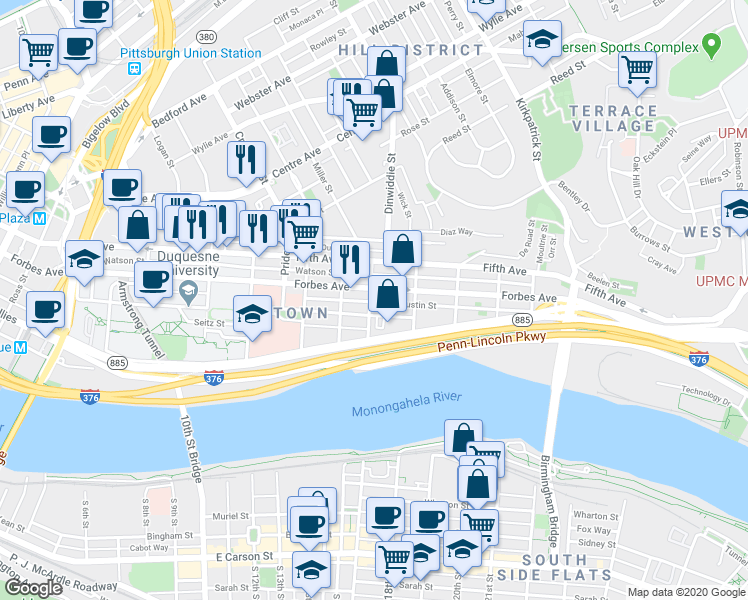 map of restaurants, bars, coffee shops, grocery stores, and more near 302 Miltenberger Street in Pittsburgh
