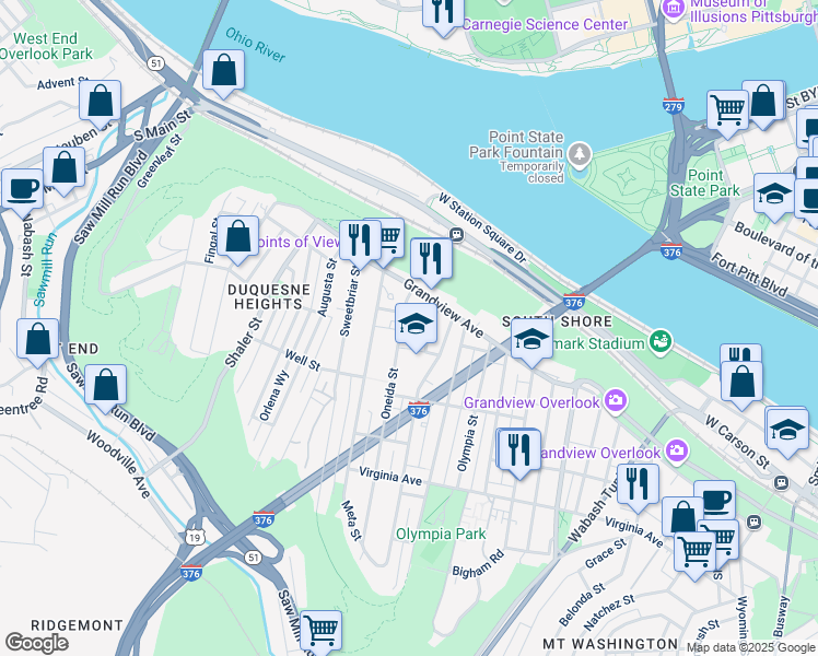 map of restaurants, bars, coffee shops, grocery stores, and more near 126 Cohassett Street in Pittsburgh