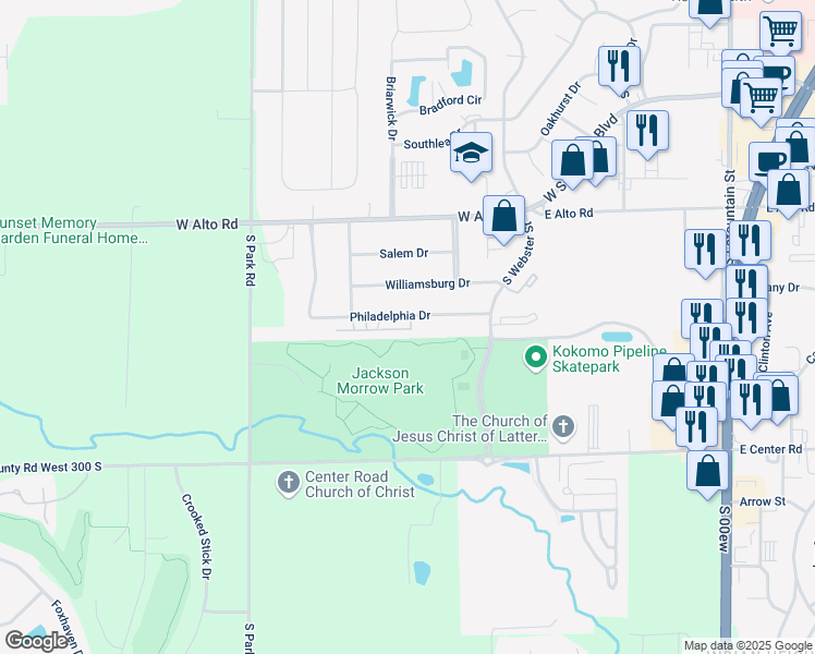 map of restaurants, bars, coffee shops, grocery stores, and more near 753-993 Boston Drive in Kokomo