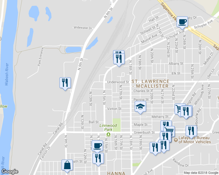 map of restaurants, bars, coffee shops, grocery stores, and more near 2007 North 16th Street in Lafayette