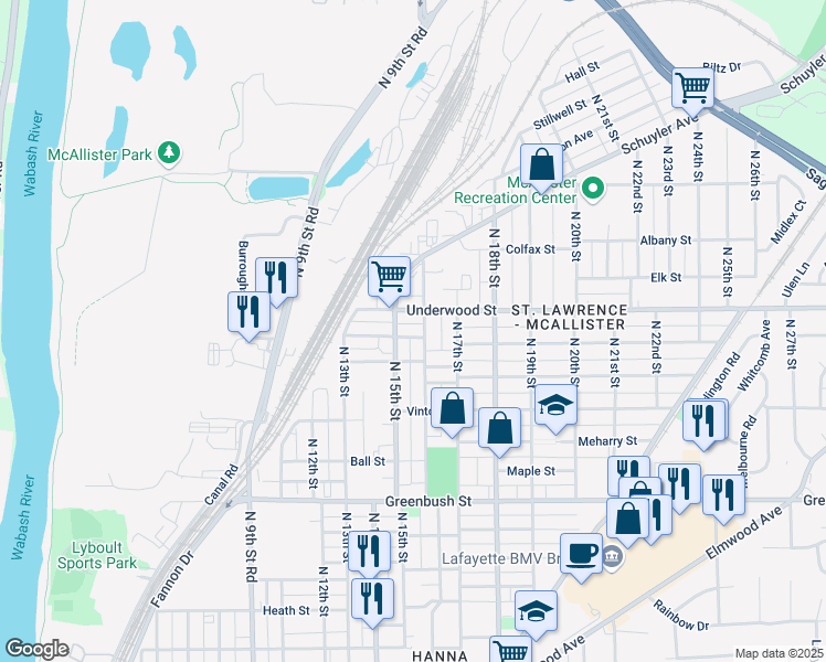 map of restaurants, bars, coffee shops, grocery stores, and more near 2002 North 15th Street in Lafayette