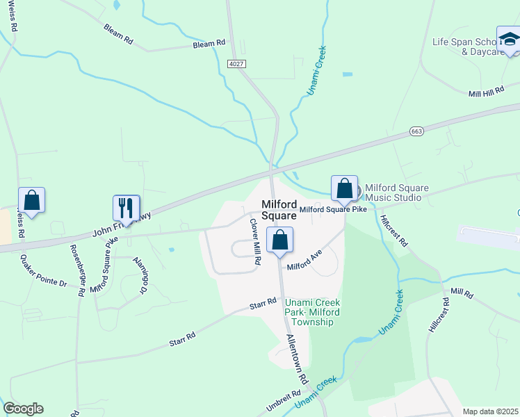 map of restaurants, bars, coffee shops, grocery stores, and more near 2150 Milford Square Pike in Quakertown