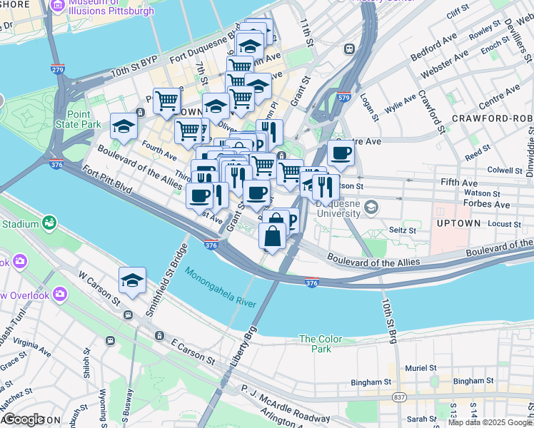 map of restaurants, bars, coffee shops, grocery stores, and more near 304 Ross St in Pittsburgh