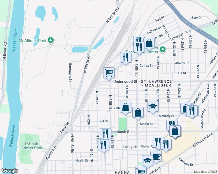 map of restaurants, bars, coffee shops, grocery stores, and more near 2002 North 15th Street in Lafayette
