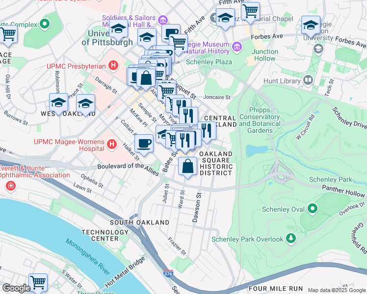 map of restaurants, bars, coffee shops, grocery stores, and more near 3602 Bates Street in Pittsburgh