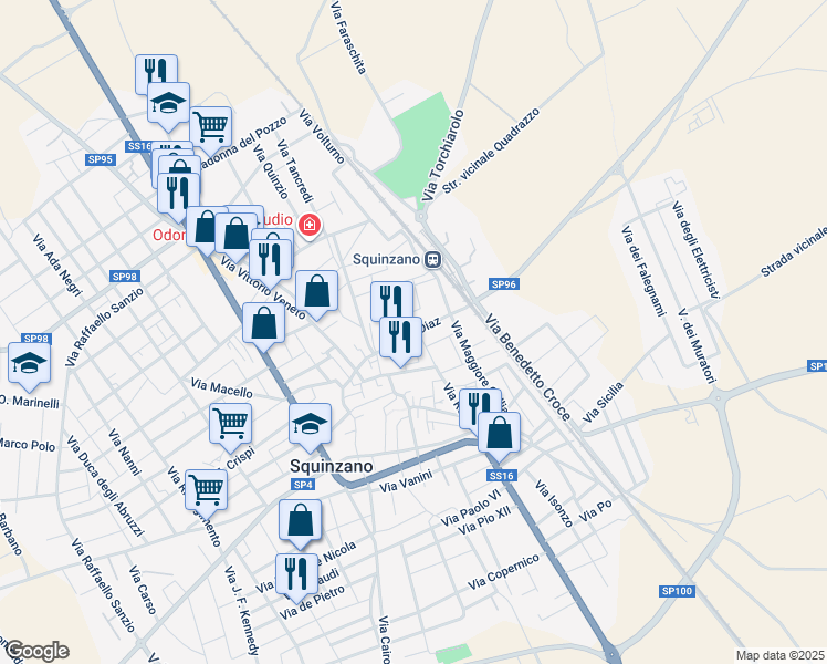 map of restaurants, bars, coffee shops, grocery stores, and more near 133 Via A. Diaz in Squinzano