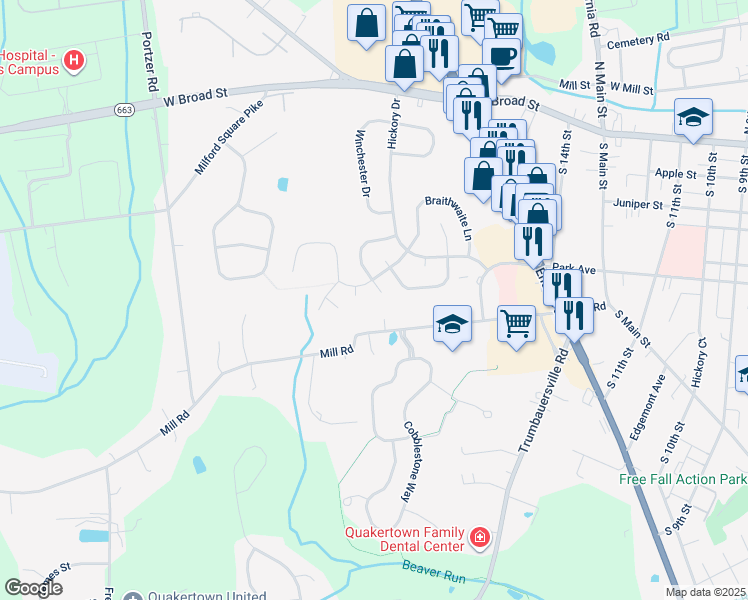 map of restaurants, bars, coffee shops, grocery stores, and more near 12 Naylor Court in Quakertown