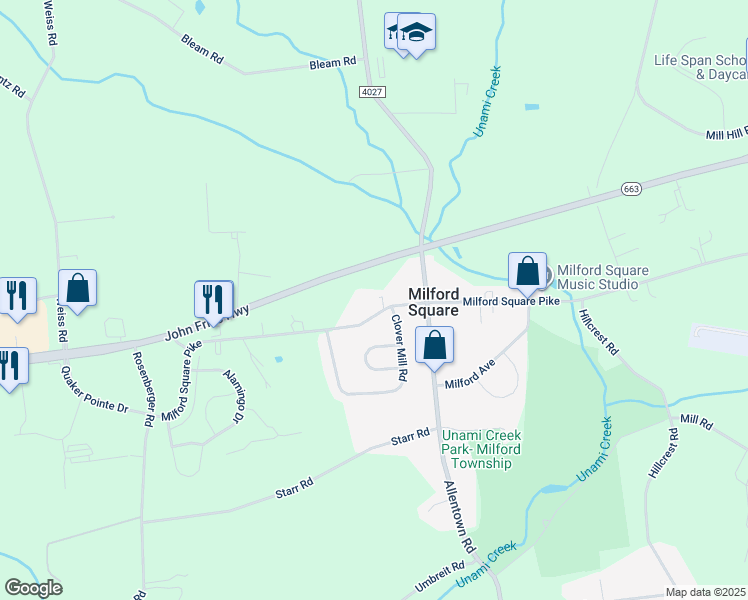 map of restaurants, bars, coffee shops, grocery stores, and more near 2120 Milford Square Pike in Quakertown