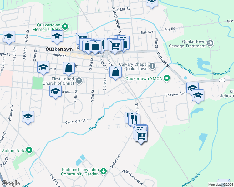 map of restaurants, bars, coffee shops, grocery stores, and more near 38 Beaver Run Drive in Quakertown
