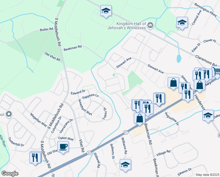 map of restaurants, bars, coffee shops, grocery stores, and more near 67 Lindsey Court in Franklin Township