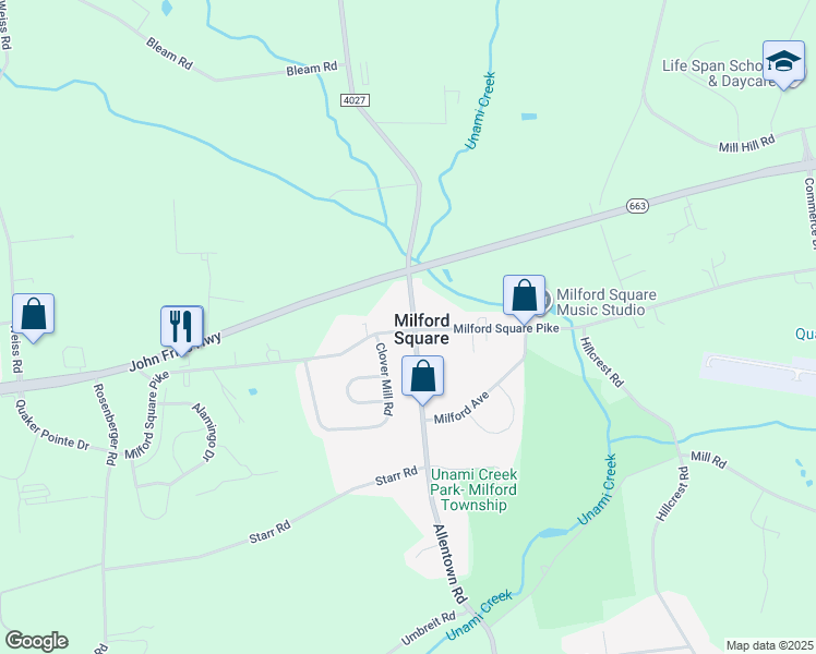 map of restaurants, bars, coffee shops, grocery stores, and more near in Milford Square