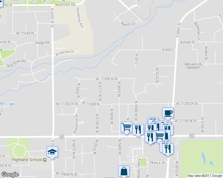 map of restaurants, bars, coffee shops, grocery stores, and more near 5646 West 11270 North in Highland