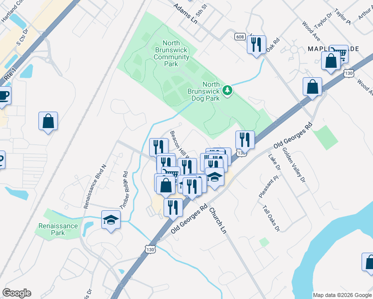 map of restaurants, bars, coffee shops, grocery stores, and more near 214 Concord Place in North Brunswick Township