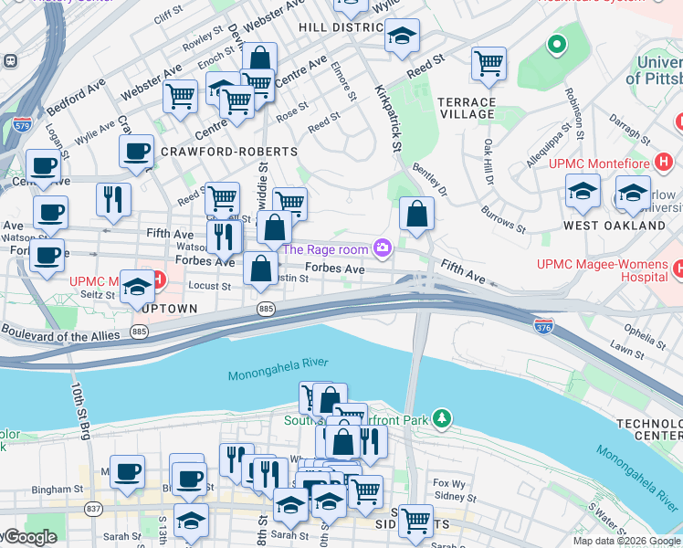 map of restaurants, bars, coffee shops, grocery stores, and more near 2019 Tustin Street in Pittsburgh