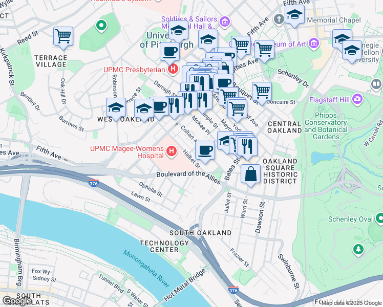map of restaurants, bars, coffee shops, grocery stores, and more near 305 Halket Street in Pittsburgh