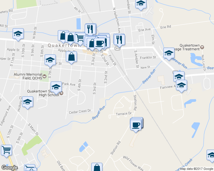 map of restaurants, bars, coffee shops, grocery stores, and more near 187 Park Avenue in Quakertown