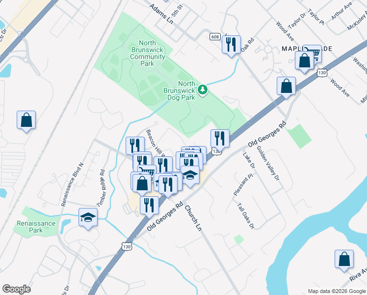 map of restaurants, bars, coffee shops, grocery stores, and more near 817 Plymouth Road in North Brunswick Township