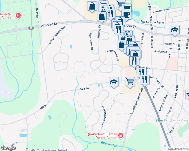 map of restaurants, bars, coffee shops, grocery stores, and more near 12 Naylor Court in Quakertown