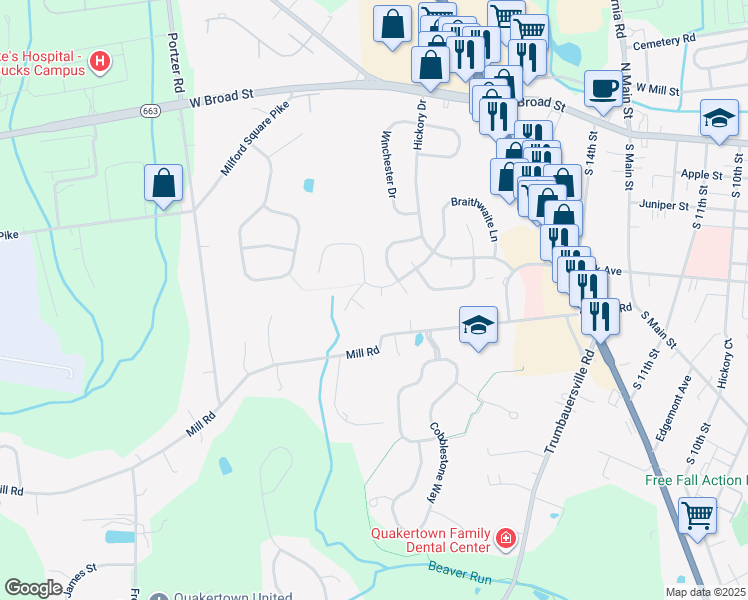 map of restaurants, bars, coffee shops, grocery stores, and more near 8 Fox Court in Quakertown