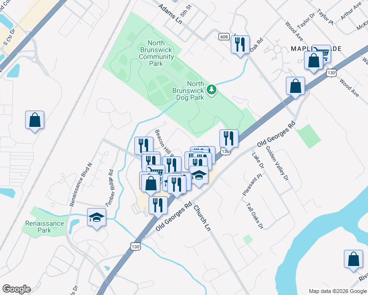 map of restaurants, bars, coffee shops, grocery stores, and more near 702 Stony Brook Way in North Brunswick Township