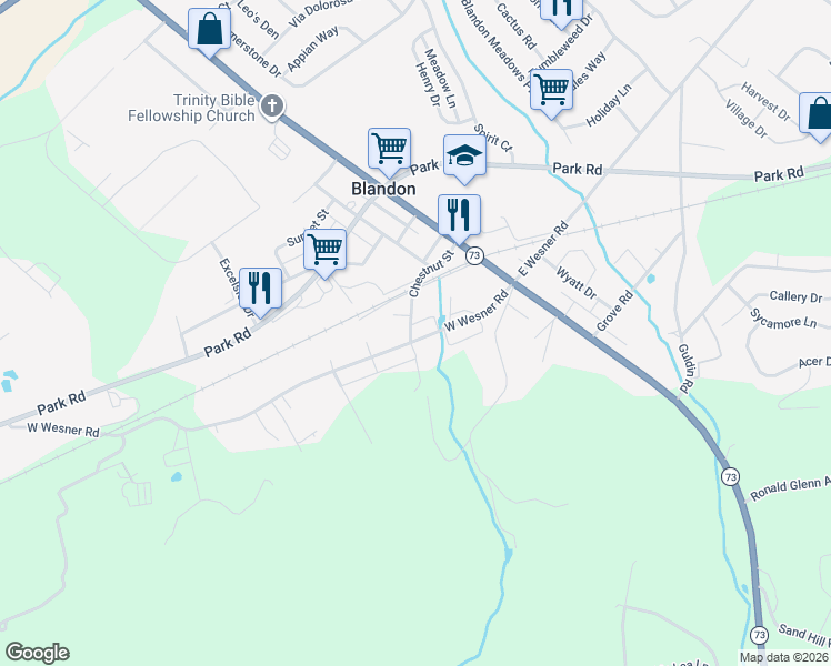 map of restaurants, bars, coffee shops, grocery stores, and more near 56 West Wesner Road in Blandon