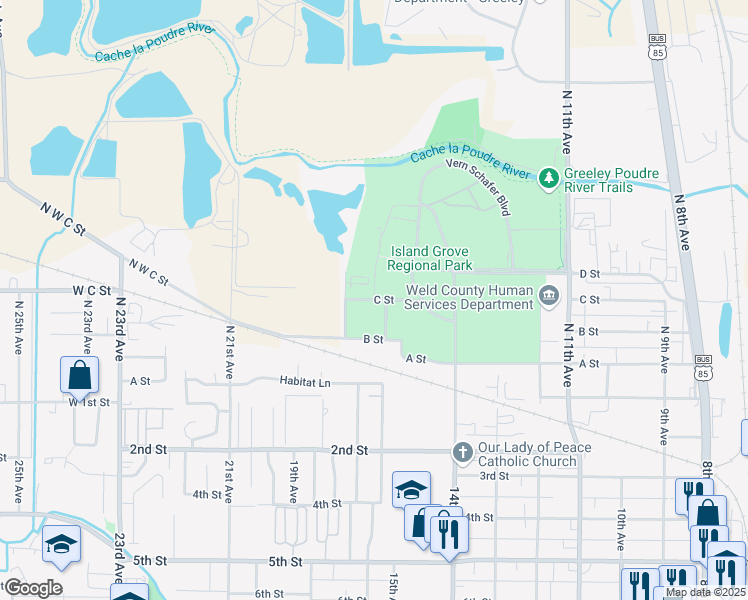 map of restaurants, bars, coffee shops, grocery stores, and more near 2990 C Street in Greeley