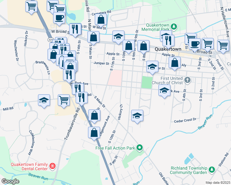 map of restaurants, bars, coffee shops, grocery stores, and more near 30 Rosemont Drive in Quakertown