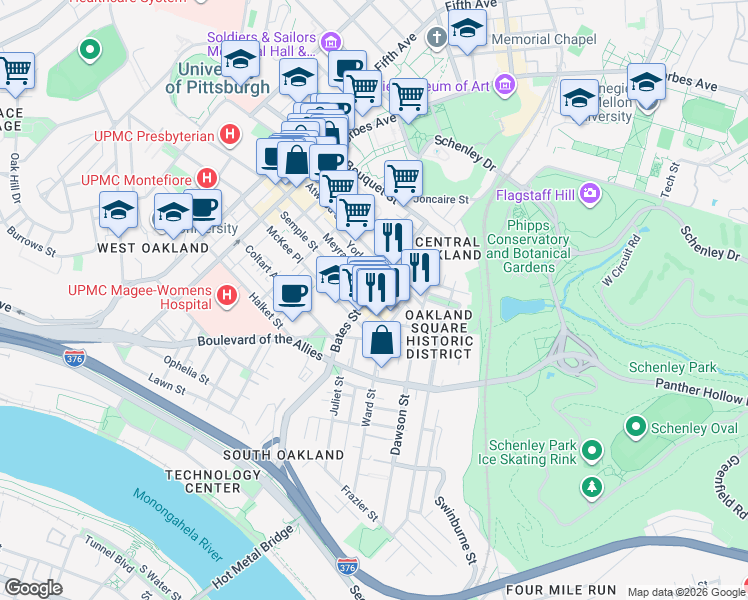 map of restaurants, bars, coffee shops, grocery stores, and more near 413 Semple Street in Pittsburgh