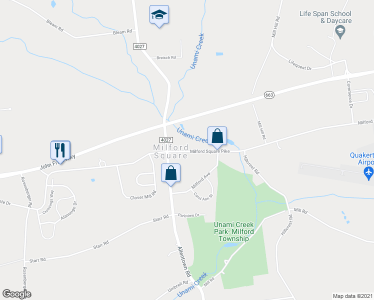 map of restaurants, bars, coffee shops, grocery stores, and more near 2178 Milford Square Pike in Quakertown