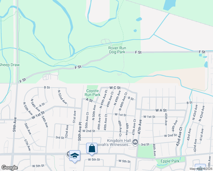 map of restaurants, bars, coffee shops, grocery stores, and more near 4951 C Street in Greeley