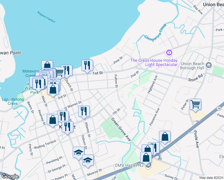 map of restaurants, bars, coffee shops, grocery stores, and more near 145 3rd Street in Keyport
