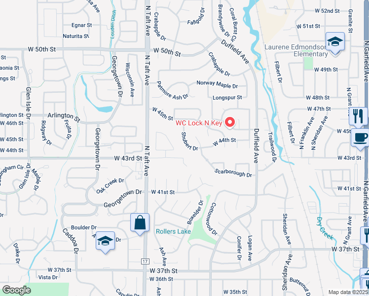 map of restaurants, bars, coffee shops, grocery stores, and more near 4427 Shubert Drive in Loveland