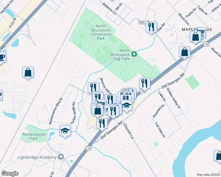 map of restaurants, bars, coffee shops, grocery stores, and more near 214 Concord Place in North Brunswick Township