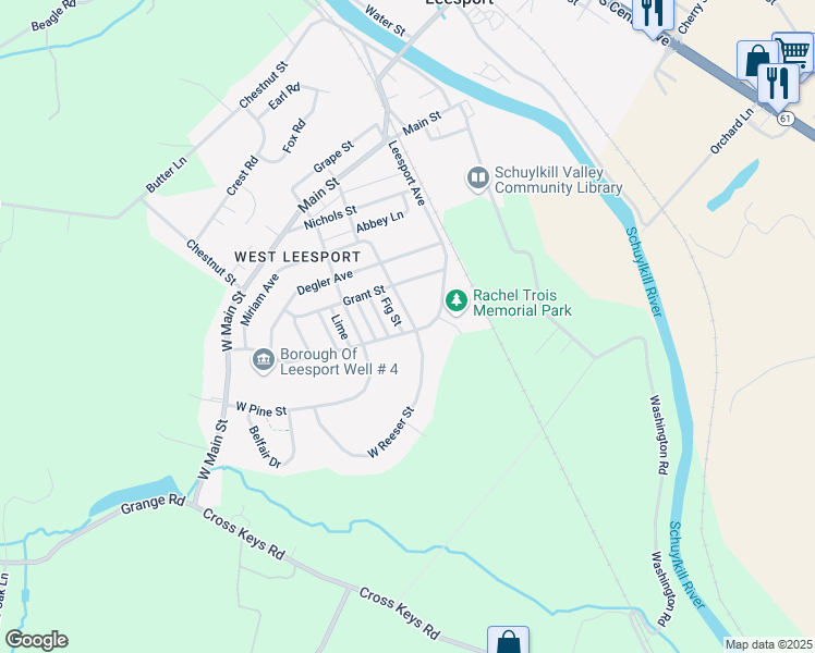 map of restaurants, bars, coffee shops, grocery stores, and more near 530 Linden Street in Leesport