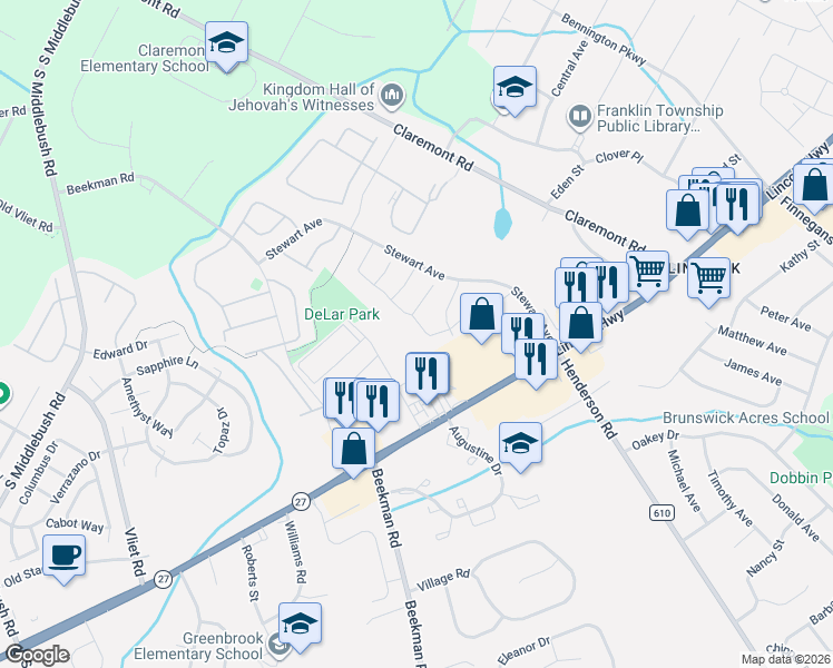 map of restaurants, bars, coffee shops, grocery stores, and more near 99 Fisher Drive in Franklin Township