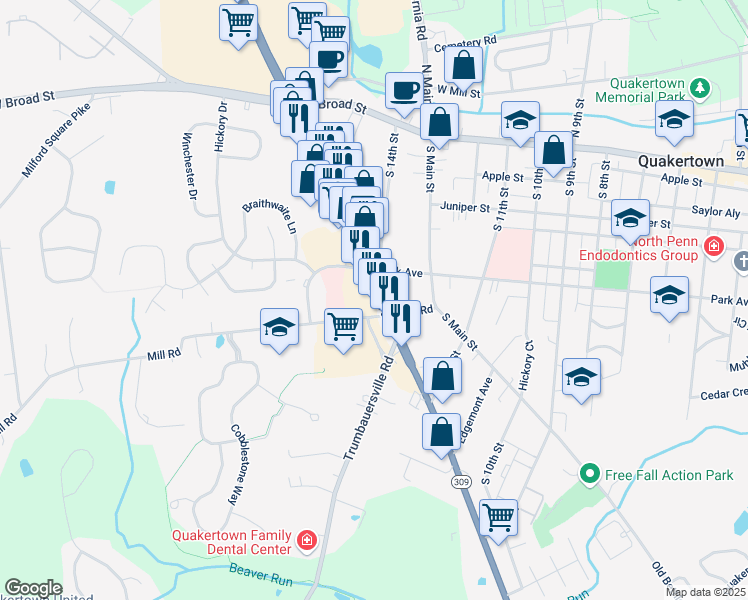 map of restaurants, bars, coffee shops, grocery stores, and more near 1527 Mill Road in Quakertown