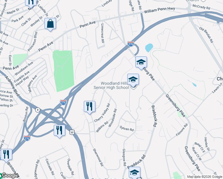 map of restaurants, bars, coffee shops, grocery stores, and more near 105 Woodside Road in Pittsburgh