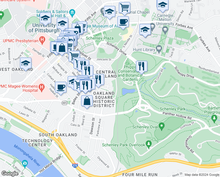 map of restaurants, bars, coffee shops, grocery stores, and more near 15 Oakland Square in Pittsburgh