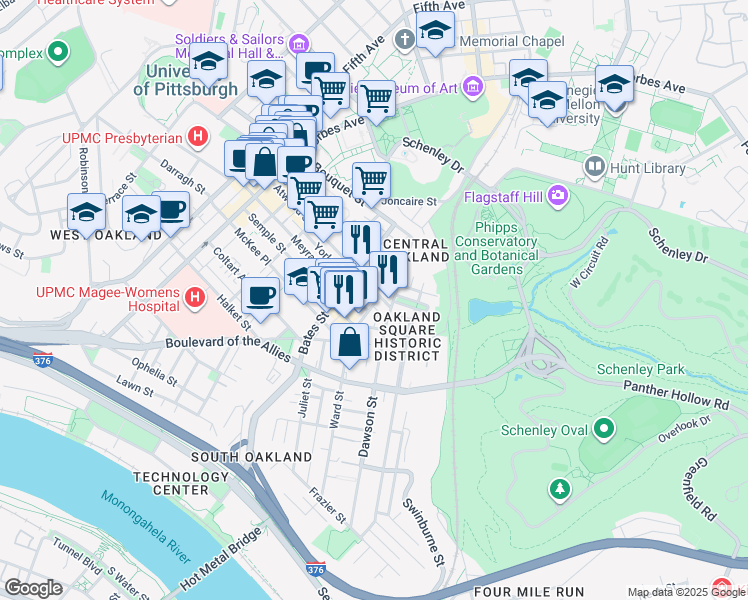 map of restaurants, bars, coffee shops, grocery stores, and more near 434 Atwood Street in Pittsburgh