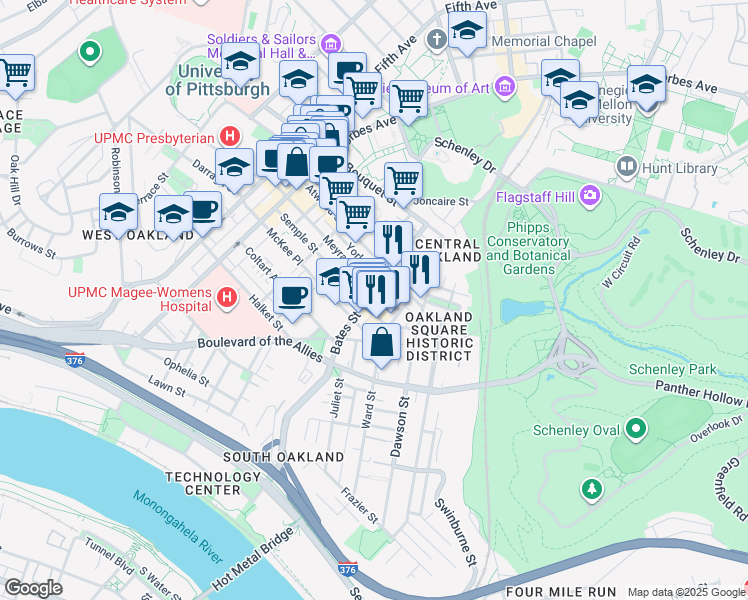map of restaurants, bars, coffee shops, grocery stores, and more near in Pittsburgh