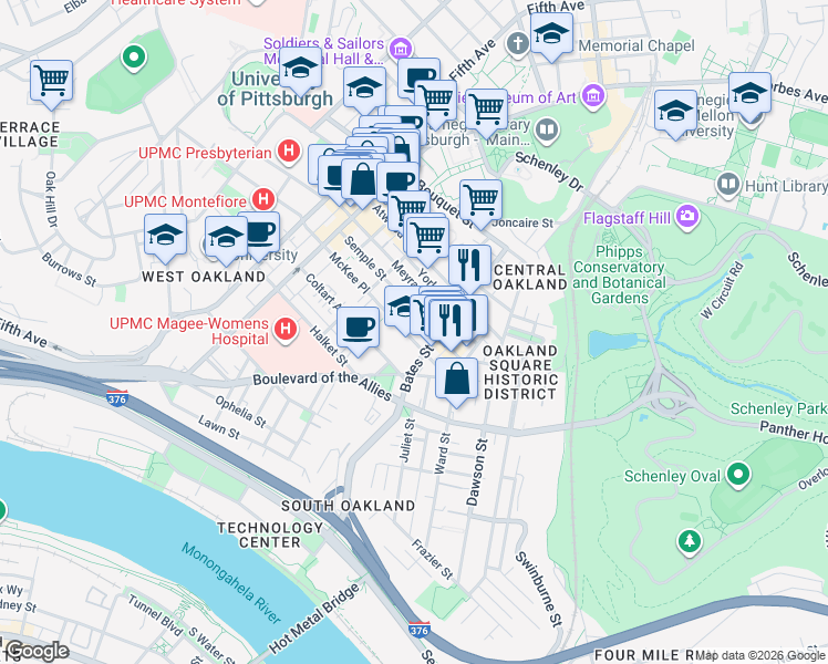 map of restaurants, bars, coffee shops, grocery stores, and more near in Pittsburgh