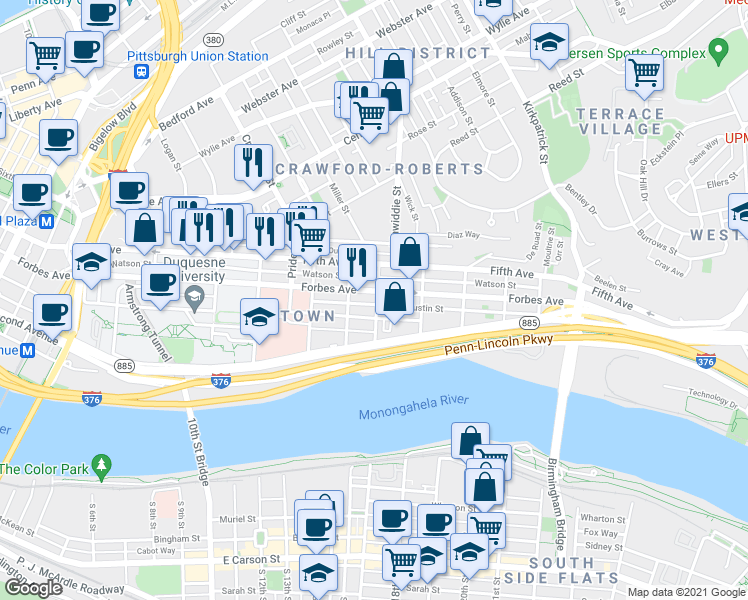 map of restaurants, bars, coffee shops, grocery stores, and more near 302 Miltenberger Street in Pittsburgh